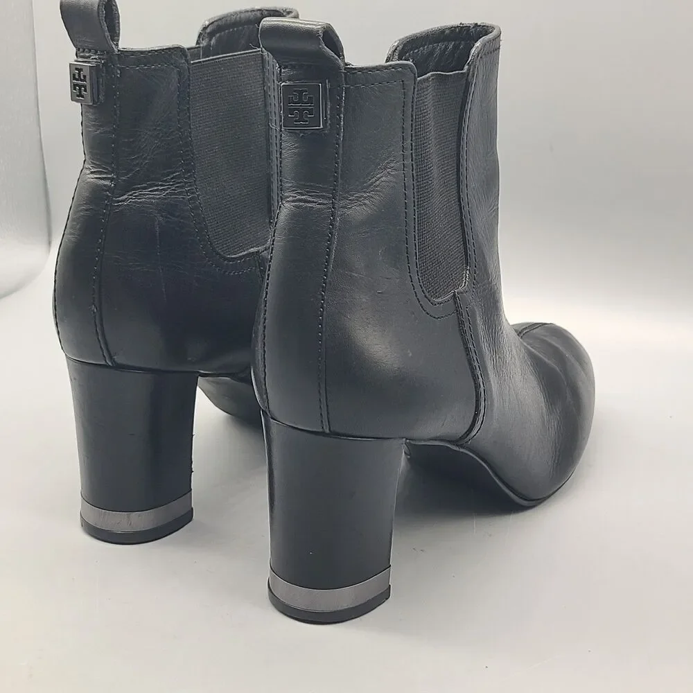Tory Burch women ankle heel boots April Leather Black Booties Chelsea sz 8.5